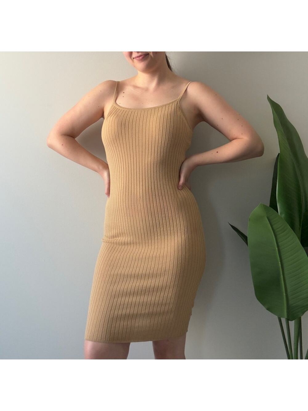 House of Harlow 1960 Revolve Tan Ribbed Mini Dress adjustable spaghetti straps S